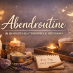 „Gemütliche Abendroutine auf Holztisch mit Duftstövchen, Kerzenlicht, Tasse Tee, Lavendel und Notizblock mit der Aufschrift ‚Der Tag darf enden?‘; warme Farben, ruhige Atmosphäre, natürliches Abendritual.“