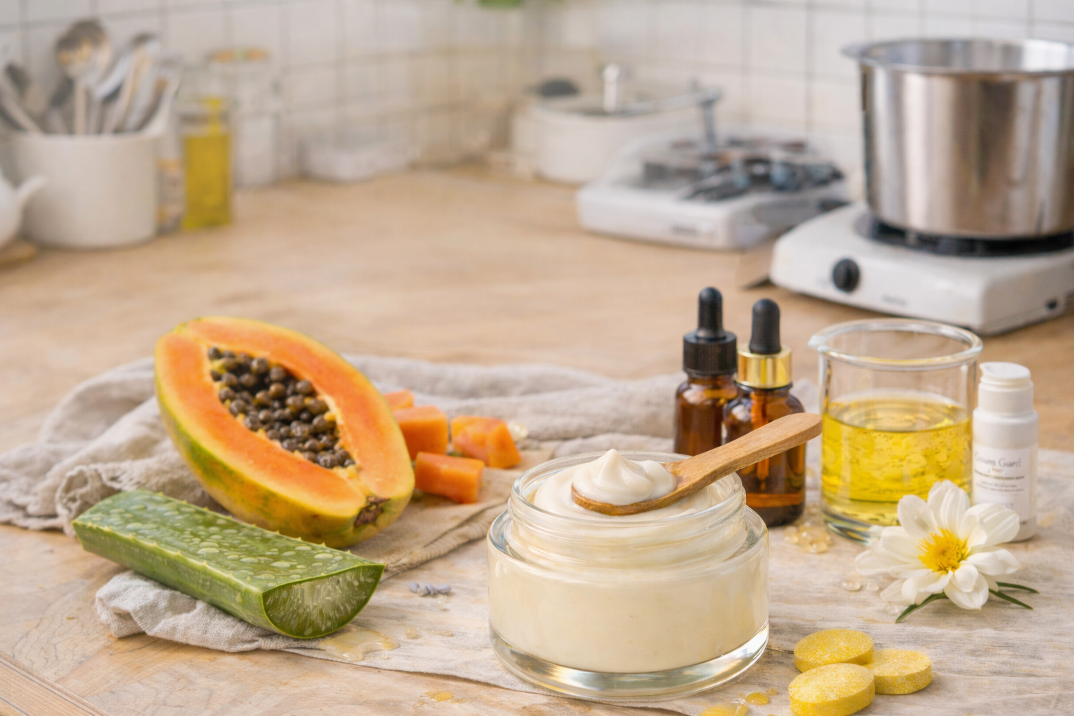 DIY Vitamin-Gesichtscreme mit Papaya und Aprikosenkernöl – natürliche Sommercreme selber machen.