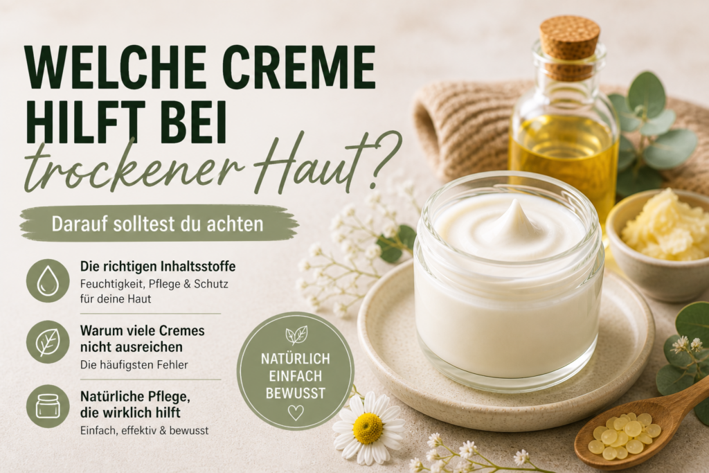 Beitragsbild im Querformat mit natürlicher DIY-Pflegecreme im Glastiegel, daneben Öl, Bienenwachs und Pflanzen, zum Thema welche Creme bei trockener Haut hilft und worauf man achten sollte.