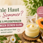 Beitragsbild im Querformat mit DIY-Vitamincreme, Papaya, Bienenwachs und Pflanzen zum Thema fahle Haut im Sommer und 5 Pflegefehler, die den Glow bremsen.
