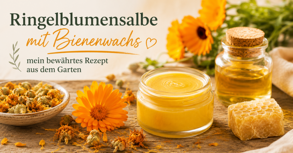 Selbstgemachte Ringelblumensalbe mit Bienenwachs in Glastiegel, daneben frische Ringelblumenblüten und naturreines Bienenwachs auf Holzuntergrund